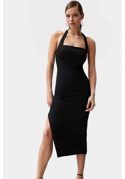 Ersefa Kadın Bodycon Midi Elbise Kare Yaka Finike Dokuma Yazlık Şık Elbi Siyah