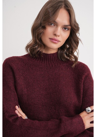 Mixray 6849 Kadın Dikişsiz Dik Yaka Triko Kazak Bordo Bordo