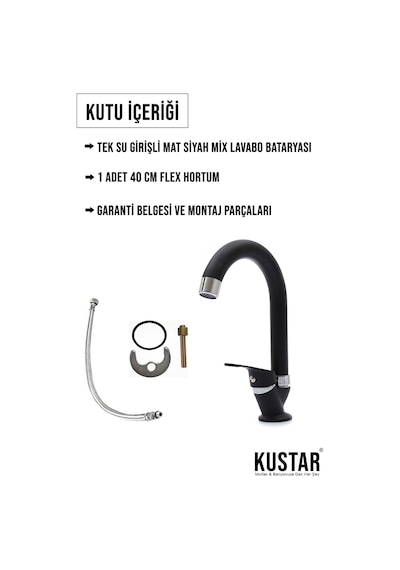 Kustar Tek Su Girişli Mat Siyah Mix Lavabo Bataryası Aç Kapa Musluk