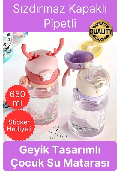 Özel Geyikli Tasarım Pipetli Sızdırmaz Kapaklı Gıdaya Uygun Çocuk Su Matarası Askılı Suluk 650 Ml Çok Renkli