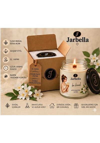 Jarbella, %100 Doğal Soya Mum, 220gr El Yapımı, Ahşap Fitil, Yasemin Kokulu, Ev Ve Hediye İçin İdeal 001 - Beyaz