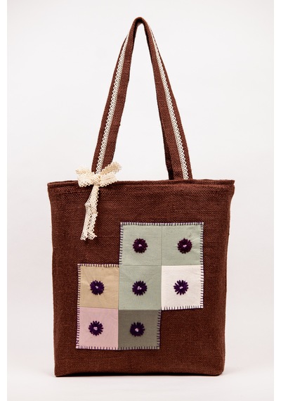 Fabric Craft Bag Kadın Omuz Çantası Jüt Kumaş Astarlı İç Cepli Aplikeli Kahverengi 43x40 Cm