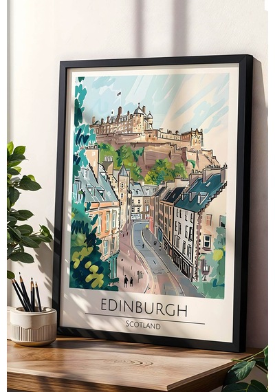 İskoçya Edinburgh Temalı Çerçeveli Tablo Travel Serisi Modern İllüstrasyon Şehir Duvar Dekoru Siyah