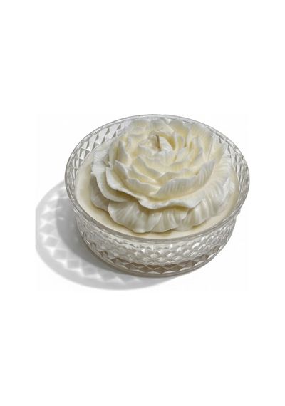 Cam Tabakta Büyük Şakayık Gül %100 Soya Ve Balmumu Organik Mum Kokusu Tercih Yapılabilir 18x6 Cm Krem