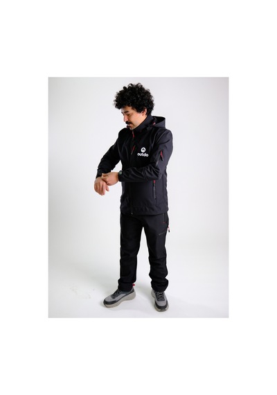 Outdo Premium Softshell Çıkarılabilir Kapüşonlu Mont Rüzgar Geçirmez Su İticidir Siyah Siyah