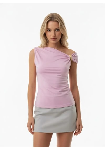 Kadın Kayık Yaka Omuzları Büzgülü Detay Tokalı Slim Fit Modal Bluz 26002 Pembe