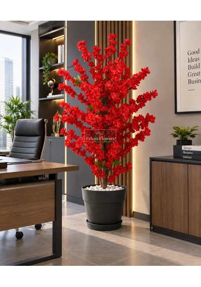 Kırmızı Bahar Dalı 150 Cm Siyah Plastikt Saksıda