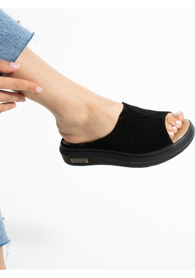 Polomia Comfort Aya Kadın Hakiki Deri Süet Cool Lastik Detay Comfort Hafif Esnek Taban Rahat Günlük Sandalet Terlik Siyah