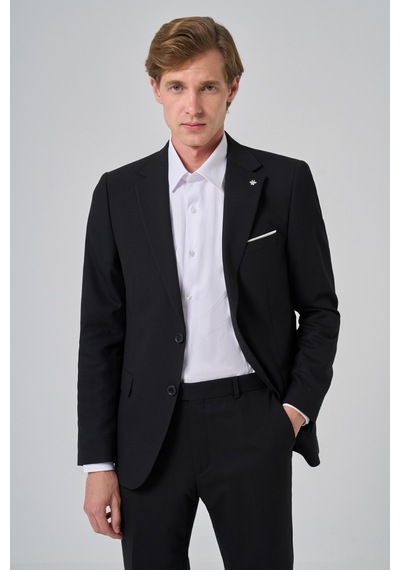 Morven Erkek Siyah Yünlü Slim Fit Mono Yaka Takım Elbise 25mc001045001 Siyah