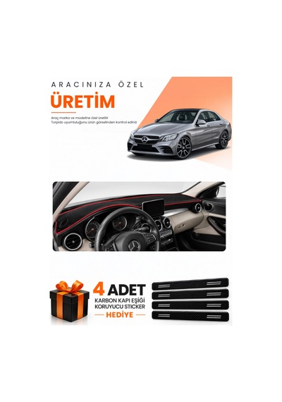 Mercedes W205 C-class 2018-2021 Uyumlu Torpido Koruma Örtüsü Oto Kılıfı - Siyah Kırmızı