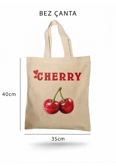 Lunora Collection Cherry Kiraz Baskılı Bez Çanta. Açık Krem