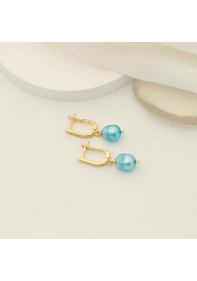 925 Ayar Gümüş Taş Detaylı Barock Ocean Blue Tatlısu İncisi Küpe-