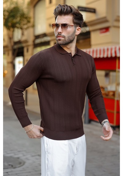 Madmext Kahverengi Düğmeli Polo Yaka Desenli Over Fit Erkek Triko Kazak E7520