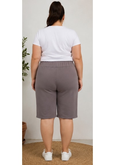 Cocosushicooo Büyük Beden Kadın Kapri Şort Pantolon Cepli Lastikli Bel Rahat Kalıp Vizon