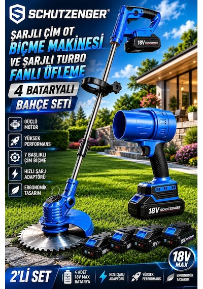 Schutzenger 955VR 4 Batarya Şarjlı Çim Biçme Tırpan Makinesi 7 Başlık Ve Şajlı Turbo Fanlı Üfleme Makinesi Mavi Set