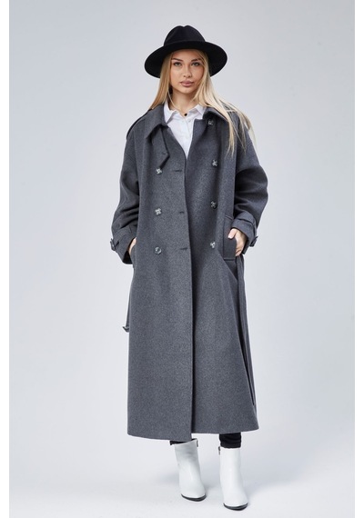 Kuşaklı Oversize Kaşe Kaban Koyu Gri