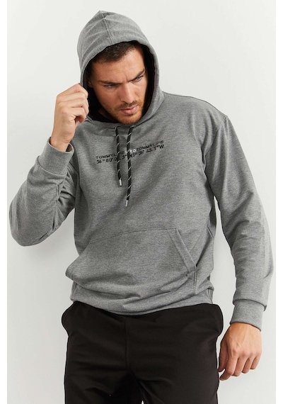 Tommy Life Gri Melanj - Siyah Kapüşonlu Kanguru Cep Lastik Paça Erkek Oversize Eşofman Takımı - 85117 Gri - Siyah