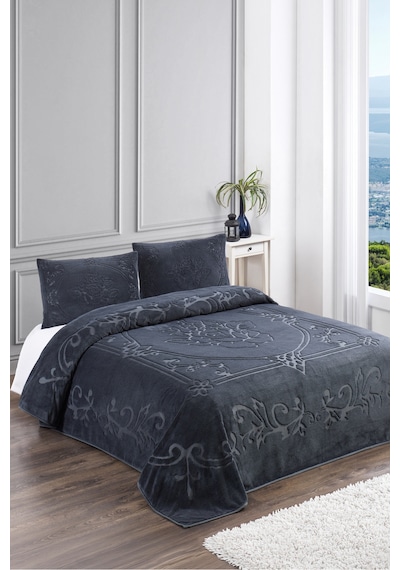 Antrasit Gül Bohem Yatak Örtüsü 220 X 230 Çift Kişilik Peluş Yumuşak Welsoft 2 Adet Yastık Kılıfı Antrasit - Gül