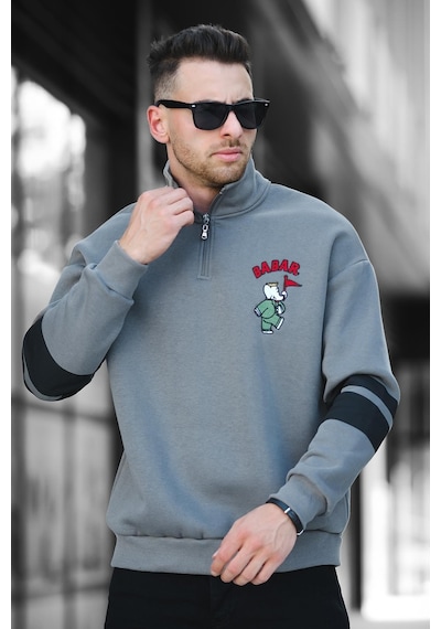 Oksit Babar Üç İplik Şardonlu Nakışlı Fermuarlı Dik Yaka Oversize Erkek Sweatshirt 001