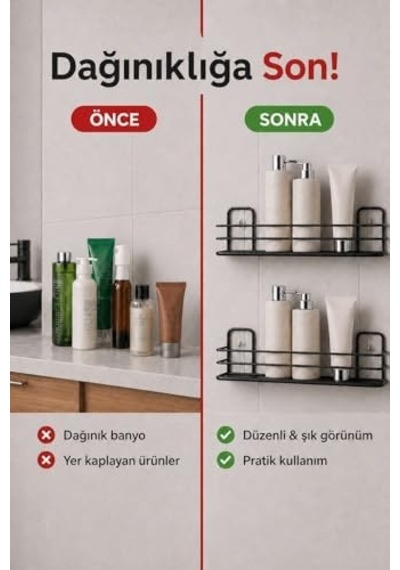 Ömür Boyu Paslanmaz Yapışkanlı Banyo Düzenleyici Şampuanlık Duş Rafı 2 Adet Siyah Tş-01 Diğer