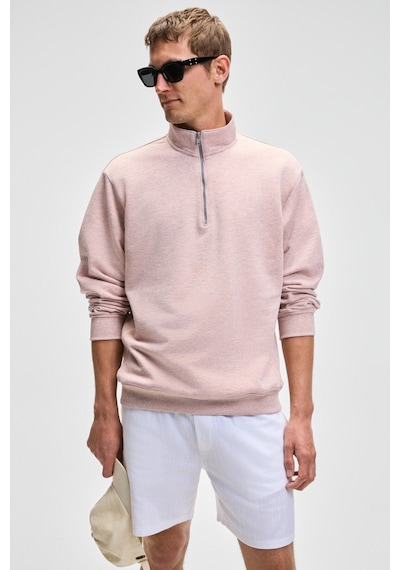 Grımelange NESTOR Erkek Relaxed Fit Dik Yakalı Yarım Fermuarlı Uzun Kollu Pembe Melanj Sweatshirt