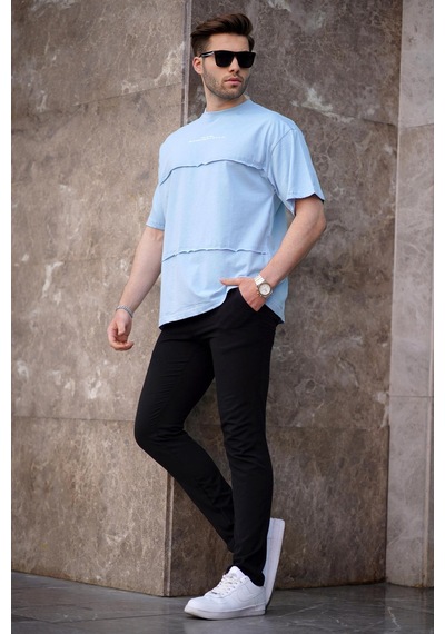 Madmext Mavi Oversize Baskılı Bisiklet Yaka Tişört 7017-mavi Mavi