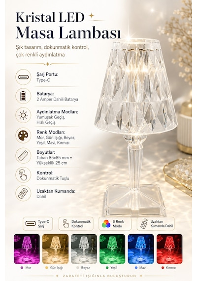 Rgb Led Dekoratif Ambiyans Masa Gece Lambası Uzaktan Kumandalı Şarjlı Dokunmatik Abajur Kristal Beyaz