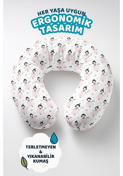 Prenses Desenli Pamuklu Boyun Yastığı - Çizimli Figürler Pembe Beyaz Yumuşak Seyahat Yastığı Deniz Vişne