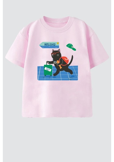 Monila Unisex Çocuk Pamuklu Kedi Baskılı T-shirt Pembe