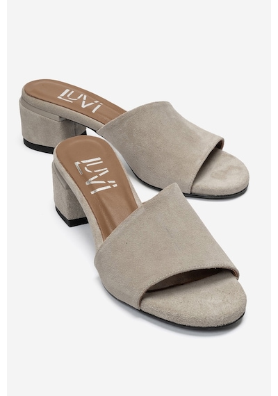 Luvi Shoes Delavıe Bej Süet Hakiki Deri Kadın Kalın Topuklu Terlik