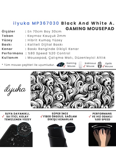 İlyuka Mousepad 70x30cm Büyük Boy Xl Mp367030 Blackwhite Abstract