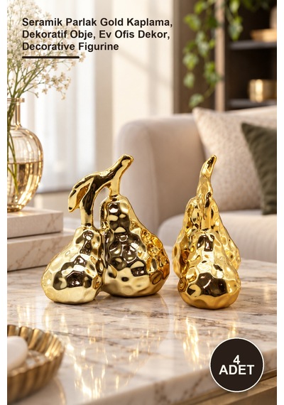 4 Adet Orta Boy Çift Armut Tasarımlı Biblo Seramik Parlak Gold Kaplama, Dekoratif Obje, Ev Ofis Dekor, Decorative Figurine