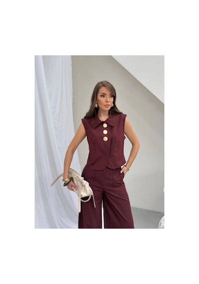 Modanida Bordo Düğme Detaylı Kolsuz Bluz Ve İspanyol Paça Pantolon Palazzo Takım Bordo Bordo Modanida Bordo Düğme Detaylı Kolsuz Bluz Ve İspanyol Paça Pantolon Palazzo Takım Bordo Bordo