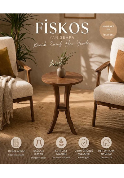 Fiskos Ceviz Yan Sehpa 50 Cm Çap - 60 Cm Yükseklik Modern Zigon Yan Sehpa Ceviz