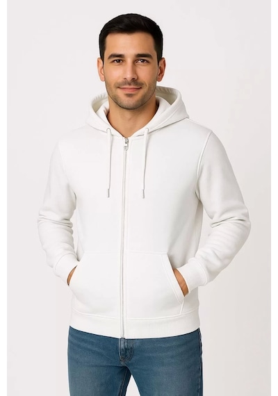 Cvs Giyim Erkek Üç İplik Kapüşonlu Tam Fermuarlı Kanguru Çepli Sweatshirt Hoodie - Beyaz Beyaz