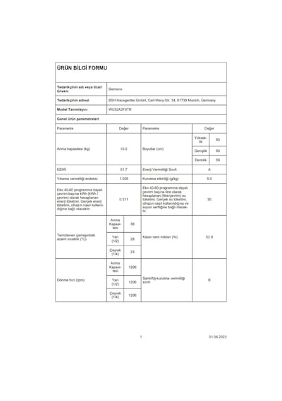 Siemens WG52A2F0TR 1200 Devir 10 KG Çamaşır Makinesi