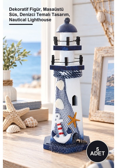 5 Adet Ahşap Marin Deniz Feneri Dekoratif Figür, Masaüstü Süs, Denizci Temalı Tasarım, Nautical Lighthouse