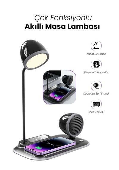 4-in-1 Kablosuz Şarj Standı İphone & Android Uyumlu, Siyah Masa Lambası Ve Bluetooth Hoparlörlü