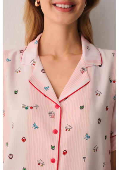 Suwen Smile Gömlek Yaka Pijama Takımı Sh26503660b334 Pembe