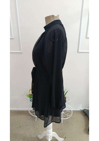 Bhrwear Kadın Uzun Kollu Yarı Balıkçı Yakalı Astar Detaylı Belden Kuşaklı Şifon Kısa Elbise Renkli