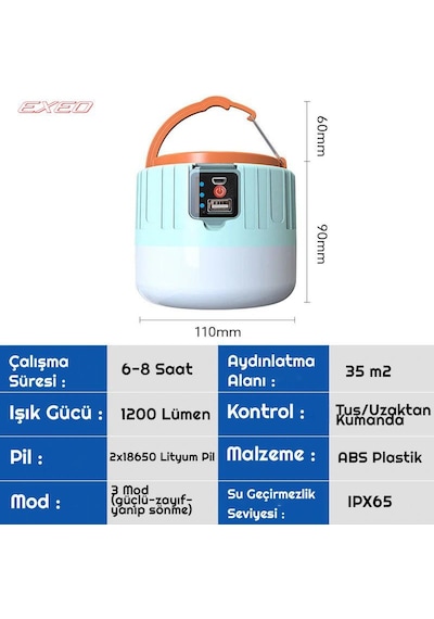 Exeo Güneş Enerjili Solar Led Su Geçirmez Usb Şarjlı Kamp Feneri 1 Adet