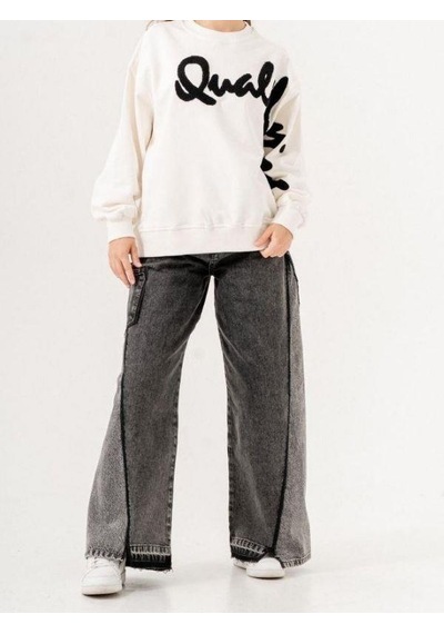 Kız Çocuk Quality Yazılı Pamuklu Sweatshirt-14780 Ekru