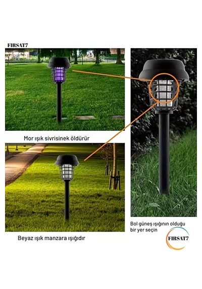 2 Adet 2'si 1 Arada Solar Şarjlı Uv Işıklı Sinek Öldürücü + Bahçe Aydınlatma Süs Işığı & Toprağa Saplamalı
