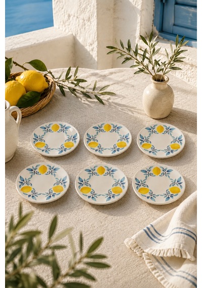 6 Lı Limon Desenli Seramik Tatlı Tabağı 16 Cm Akdeniz Temalı Pasta Kahvaltı Ve Sunum Tabağı Beyaz