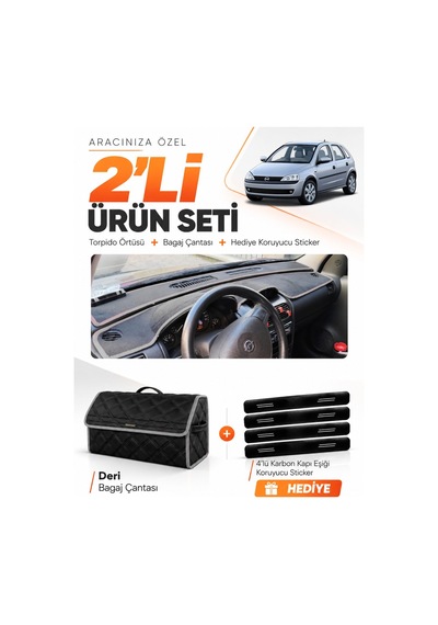 E-biz Opel Corsa C 2001-2011 Uyumlu Torpido Örtüsü + Deri Bagaj Çantası Seti - Siyah-gri - Op007