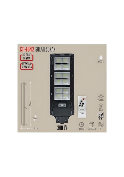 Cata Ct-4642 300w Beyaz Sensörlü Solar Led Sokak Armatürü
