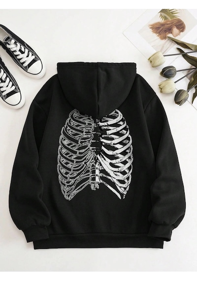 Coke Serisi Skeleton Print Zip Up Thermal Lined Drawstring Hoodie Siyah