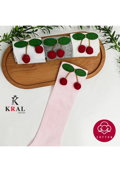 Kral Socks Kız Çoçuk Çorap Kiraz Desenli Renkli Pamuklu Okul Çorabı
