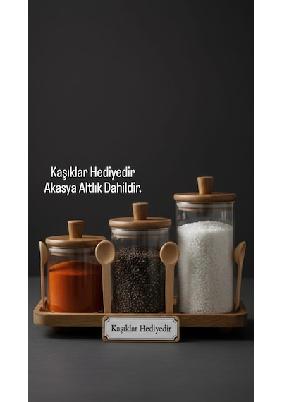 3 Lü Akasya Ahşap Kapaklı Baharat Seti -altlıklı Baharat Seti - Mien 3 Boy Akasya Kapaklı Baharatlık Kahverengi - Şeffaf