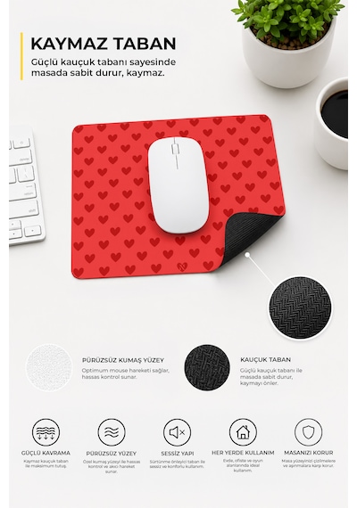 Kırmızı Renkli Kalpli Desenli Ergonomik Mouse Pad, Kaymaz Yüzey İle Ev Ve Ofis Kullanımı İçin İdeal